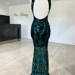 Honey Couture TEMPEST Green & Black Sequin Evening Gown Dress