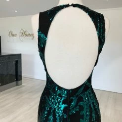 Honey Couture TEMPEST Green & Black Sequin Evening Gown Dress