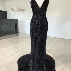 NEW ARRIVALS Honey Couture ROSALIE Black Low Back Sequin Formal Gown Dress