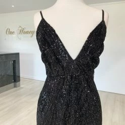 NEW ARRIVALS Honey Couture ROSALIE Black Low Back Sequin Formal Gown Dress