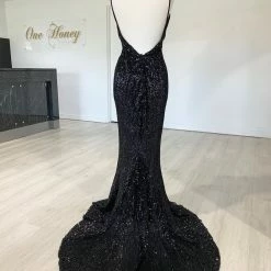 NEW ARRIVALS Honey Couture ROSALIE Black Low Back Sequin Formal Gown Dress