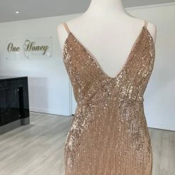 NEW ARRIVALS Honey Couture ROSALIE Champagne Gold Low Back Sequin Formal Gown Dress