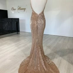 NEW ARRIVALS Honey Couture ROSALIE Champagne Gold Low Back Sequin Formal Gown Dress