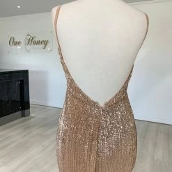 NEW ARRIVALS Honey Couture ROSALIE Champagne Gold Low Back Sequin Formal Gown Dress