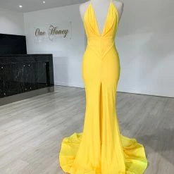 Honey Couture ARIANA Yellow Low Back Mermaid Evening Gown Dress NEW ARRIVALS