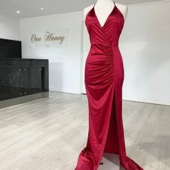 NEW ARRIVALS Honey Couture GISSELLE Berry Split Evening Gown Dress