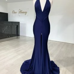 Honey Couture ARIANA Navy Blue Low Back Mermaid Evening Gown Dress NEW ARRIVALS