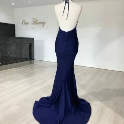 Honey Couture ARIANA Navy Blue Low Back Mermaid Evening Gown Dress NEW ARRIVALS