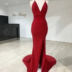NEW ARRIVALS Honey Couture LUREX Red Sparkle Mermaid Evening Gown Dress