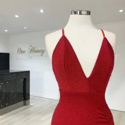 NEW ARRIVALS Honey Couture LUREX Red Sparkle Mermaid Evening Gown Dress