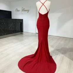NEW ARRIVALS Honey Couture LUREX Red Sparkle Mermaid Evening Gown Dress