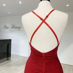 NEW ARRIVALS Honey Couture LUREX Red Sparkle Mermaid Evening Gown Dress