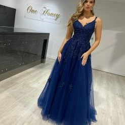 Honey Couture Made To Your Measurements Honey Couture TRENA Beaded V Front Bustier Tulle Skirt Formal Dress