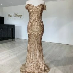NEW ARRIVALS Honey Couture HAILEY Rose Gold Sheer Sequin Off Shoulder Evening Gown Dress