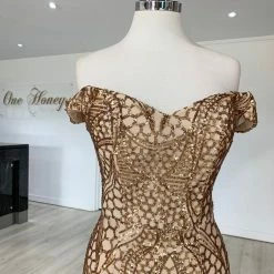 NEW ARRIVALS Honey Couture HAILEY Rose Gold Sheer Sequin Off Shoulder Evening Gown Dress