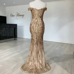 NEW ARRIVALS Honey Couture HAILEY Rose Gold Sheer Sequin Off Shoulder Evening Gown Dress