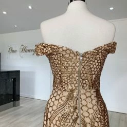 NEW ARRIVALS Honey Couture HAILEY Rose Gold Sheer Sequin Off Shoulder Evening Gown Dress