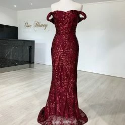 Honey Couture NISHIN Burgundy Off Shoulder Sequin Evening Gown Dress NEW ARRIVALS