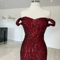 Honey Couture NISHIN Burgundy Off Shoulder Sequin Evening Gown Dress NEW ARRIVALS