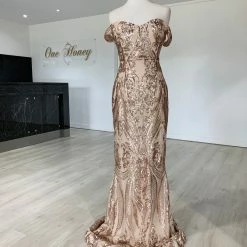 Honey Couture ALISSA Gold Off Shoulder Sequin Formal Dress