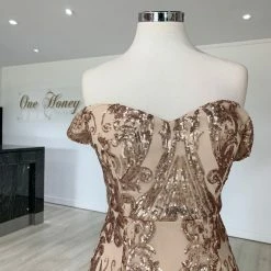 Honey Couture ALISSA Gold Off Shoulder Sequin Formal Dress