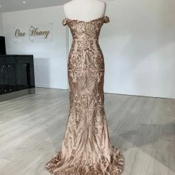 Honey Couture ALISSA Gold Off Shoulder Sequin Formal Dress