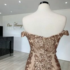 Honey Couture ALISSA Gold Off Shoulder Sequin Formal Dress
