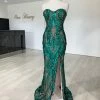 Honey Couture CALI Green Nude Glitter Strapless Evening Gown Dress