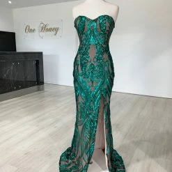 Honey Couture CALI Green Nude Glitter Strapless Evening Gown Dress