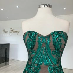 Honey Couture CALI Green Nude Glitter Strapless Evening Gown Dress