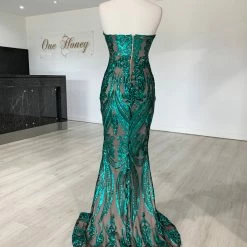 Honey Couture CALI Green Nude Glitter Strapless Evening Gown Dress