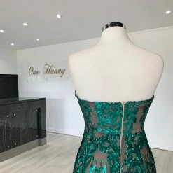 Honey Couture CALI Green Nude Glitter Strapless Evening Gown Dress