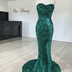 NEW ARRIVALS Honey Couture SONYA Emerald Green Strapless Sequin Evening Gown Dress