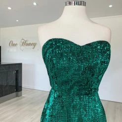 NEW ARRIVALS Honey Couture SONYA Emerald Green Strapless Sequin Evening Gown Dress