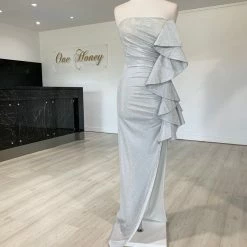 Honey Couture DESTINY Silver Sequin Ruffle Strapless Formal Gown Dress NEW ARRIVALS