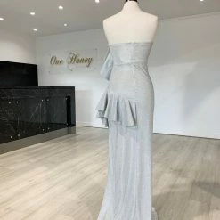 Honey Couture DESTINY Silver Sequin Ruffle Strapless Formal Gown Dress NEW ARRIVALS