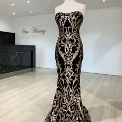 Honey Couture LA ROSA Rose Gold Strapless Sequin Evening Gown Dress NEW ARRIVALS
