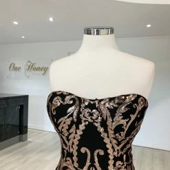 Honey Couture LA ROSA Rose Gold Strapless Sequin Evening Gown Dress NEW ARRIVALS