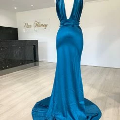 Honey Couture BLOSSUM Blue Multi Tie Evening Gown Dress NEW ARRIVALS