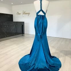 Honey Couture BLOSSUM Blue Multi Tie Evening Gown Dress NEW ARRIVALS
