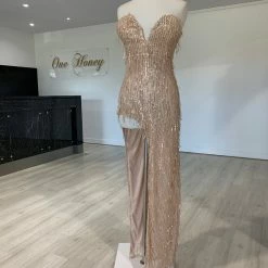 Honey Couture IRENE Gold Strapless Tassel Sequin Formal Dress NEW ARRIVALS