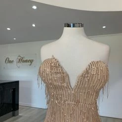 Honey Couture IRENE Gold Strapless Tassel Sequin Formal Dress NEW ARRIVALS