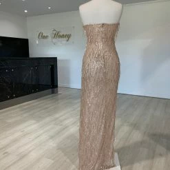 Honey Couture IRENE Gold Strapless Tassel Sequin Formal Dress NEW ARRIVALS