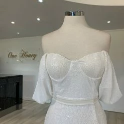 NEW ARRIVALS Honey Couture MIYA White Off Shoulder Bustier Sequin Evening Gown Dress