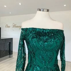 Honey Couture SOFIA Green Glitter Snake Long Sleeve Evening Gown Dress NEW ARRIVALS