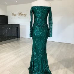 Honey Couture SOFIA Green Glitter Snake Long Sleeve Evening Gown Dress NEW ARRIVALS