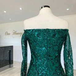 Honey Couture SOFIA Green Glitter Snake Long Sleeve Evening Gown Dress NEW ARRIVALS