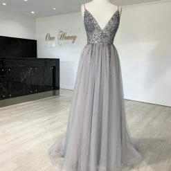 NEW ARRIVALS Honey Couture VIOLET Grey Tulle Crystal Beaded Formal Dress