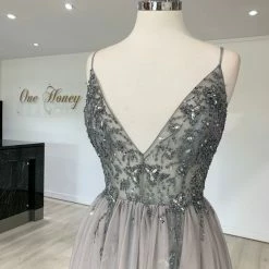 NEW ARRIVALS Honey Couture VIOLET Grey Tulle Crystal Beaded Formal Dress