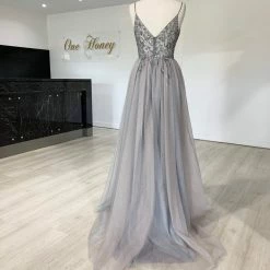 NEW ARRIVALS Honey Couture VIOLET Grey Tulle Crystal Beaded Formal Dress